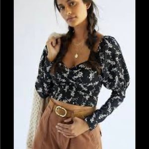 Anthropologie Size XL Long Sleeve Black Sweetheart Neck Top With Puff Shoulders